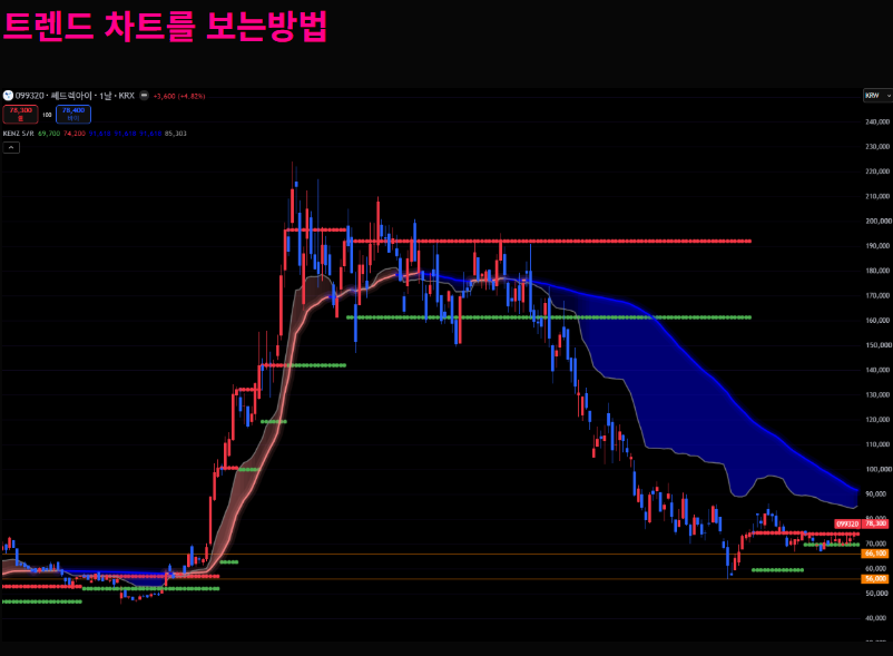 트렌드 차트를 보는 방법 - 저점에서 시작된 상승 추세가 고점에서 하락 추세로 전환되는 예시 차트